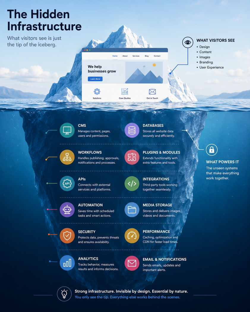 Iceberg illustration showing the hidden infrastructure behind a modern website.