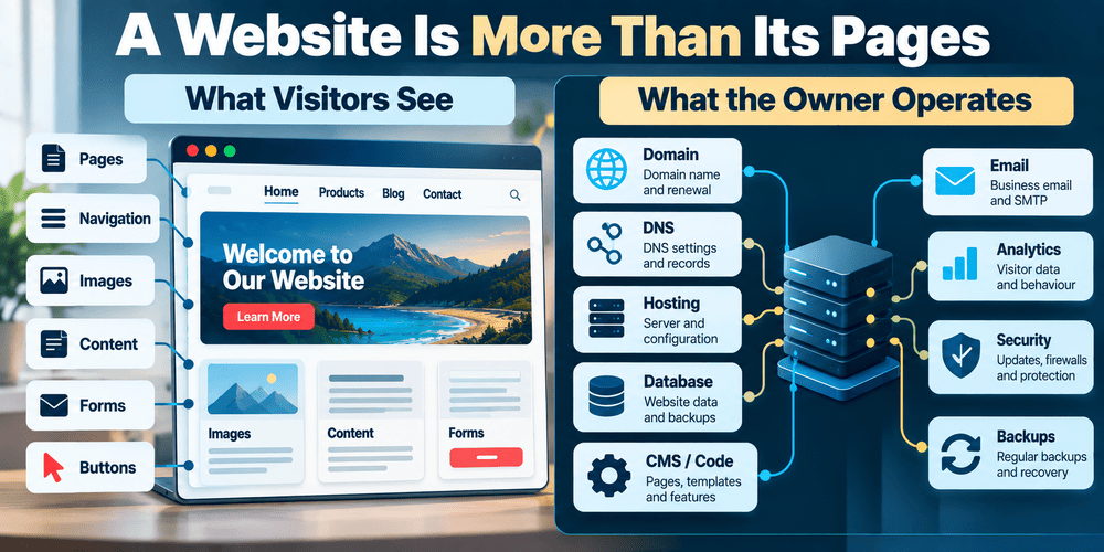 Diagram comparing the pages, navigation and forms website visitors see with the hosting, DNS, database, CMS, analytics, backups and security operated behind them.