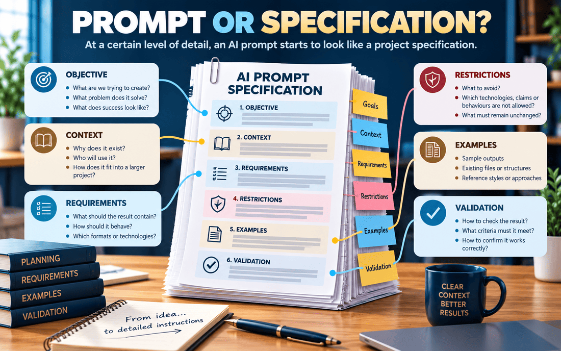 Structured AI prompt illustrated as a project specification containing objectives, context, requirements, restrictions, examples and validation.