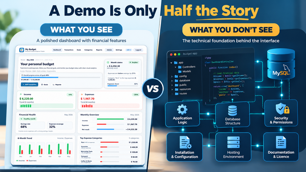 Side-by-side comparison of a PHP budget dashboard and the database, security and application code hidden behind the demo.