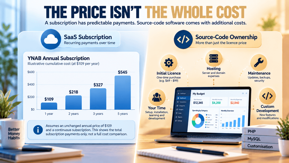 Illustration of cumulative budgeting SaaS subscription costs compared with the additional hosting, maintenance and development expenses of source-code ownership.