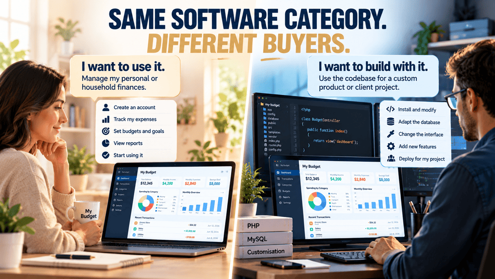 A personal finance app user compared with a developer adapting budgeting source code for a custom software project.