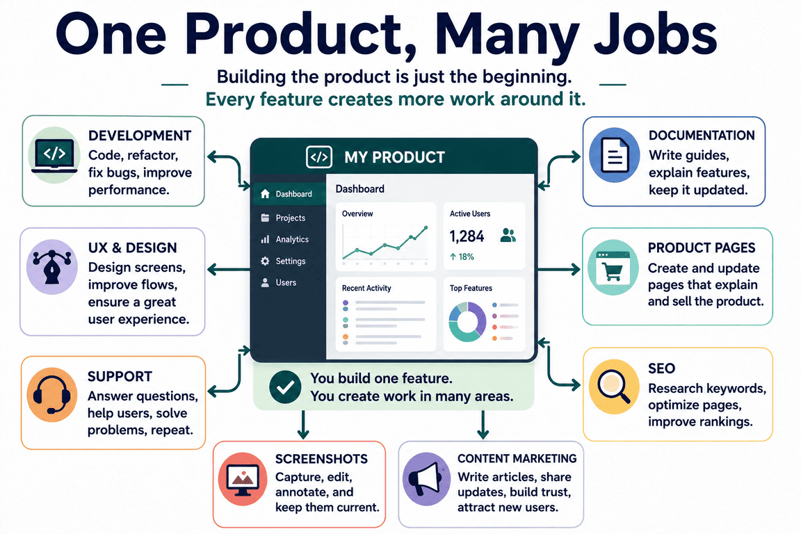 Diagram showing the many jobs involved in building one software product