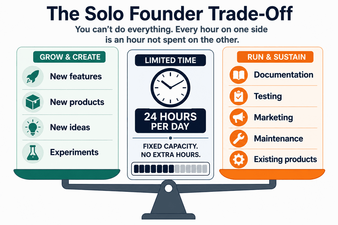 Balance infographic showing how solo founders divide limited time between new work and ongoing responsibilities.