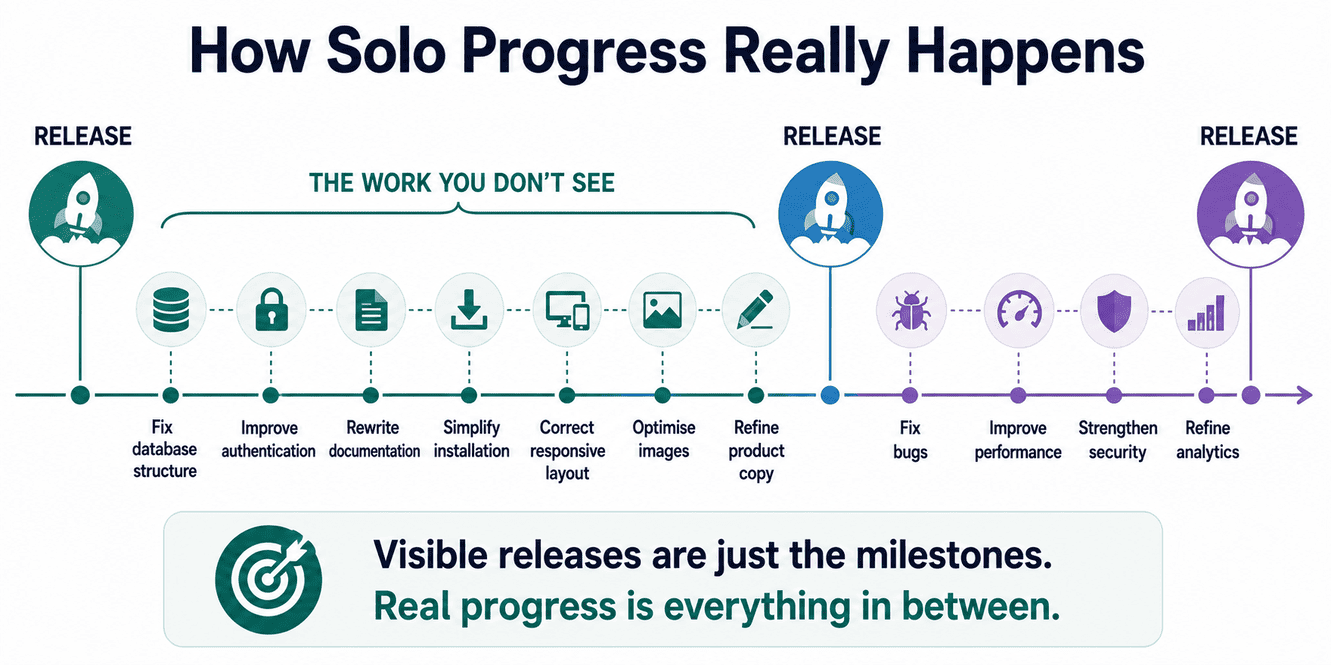 Timeline infographic showing invisible development work between software releases.