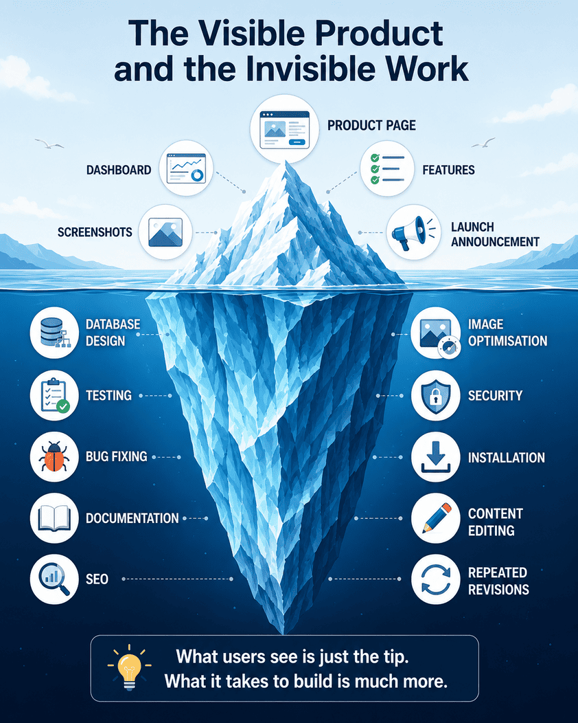 Iceberg infographic showing visible product features above the hidden work of software development.