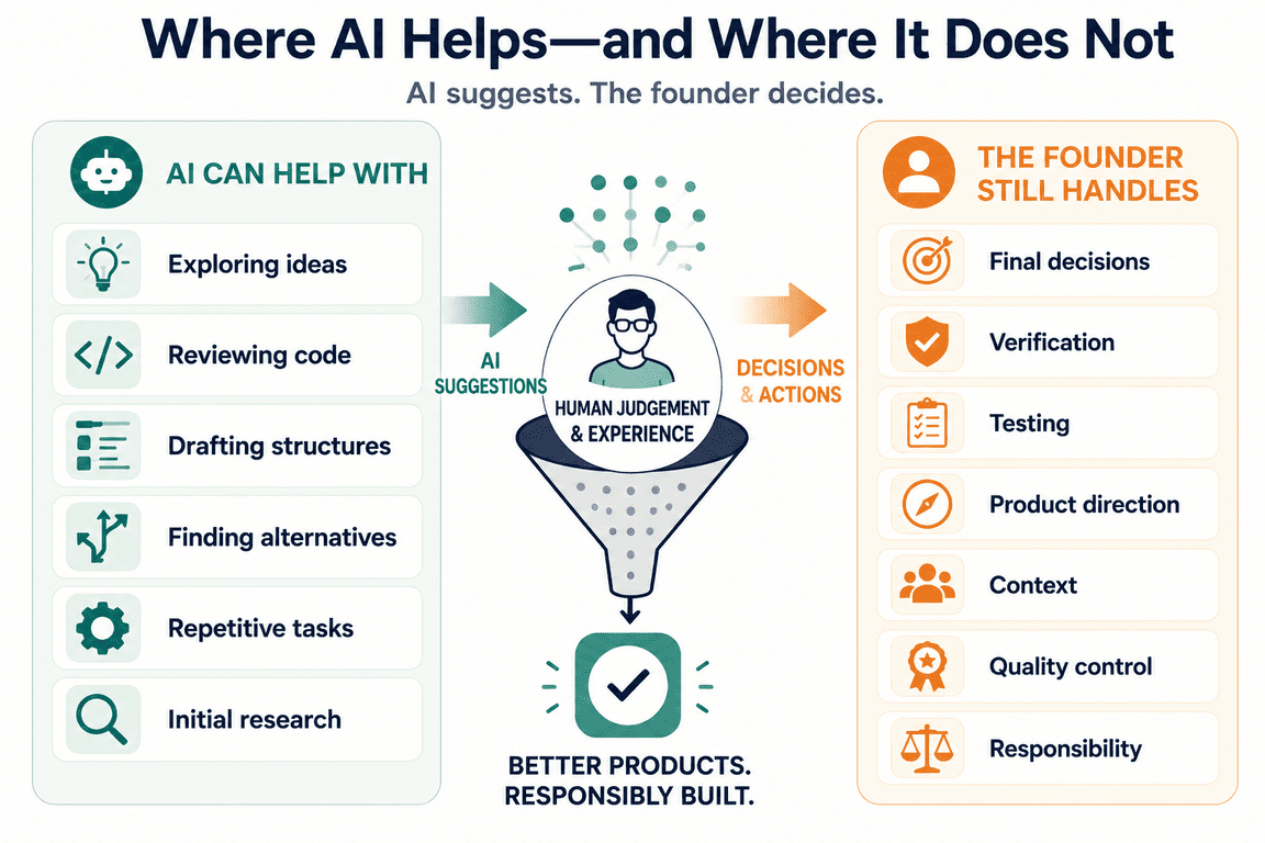 Infographic comparing tasks AI can assist with and responsibilities that remain with the founder.