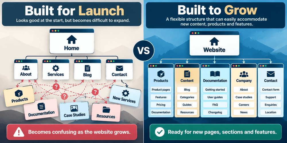 Comparison of a website structure built only for launch with a flexible structure designed to accommodate future content and features.