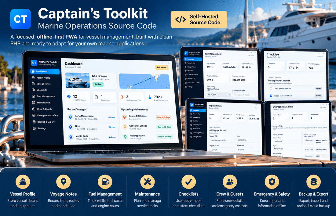 Captain’s Toolkit marine operations application showing its dashboard and core vessel management features.