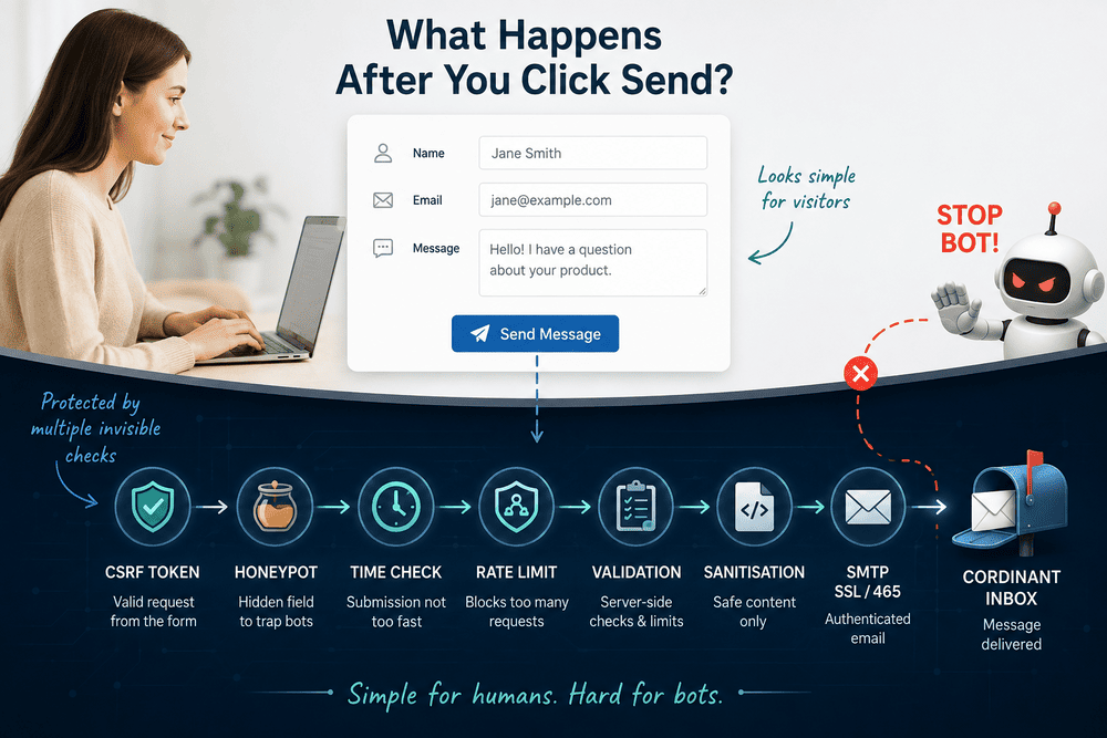 Contact form with hidden anti-bot checks before email reaches the inbox