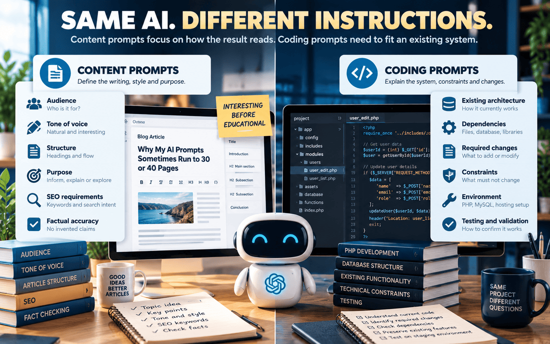 Side-by-side comparison of AI content prompts covering writing requirements and coding prompts covering software architecture and technical constraints.