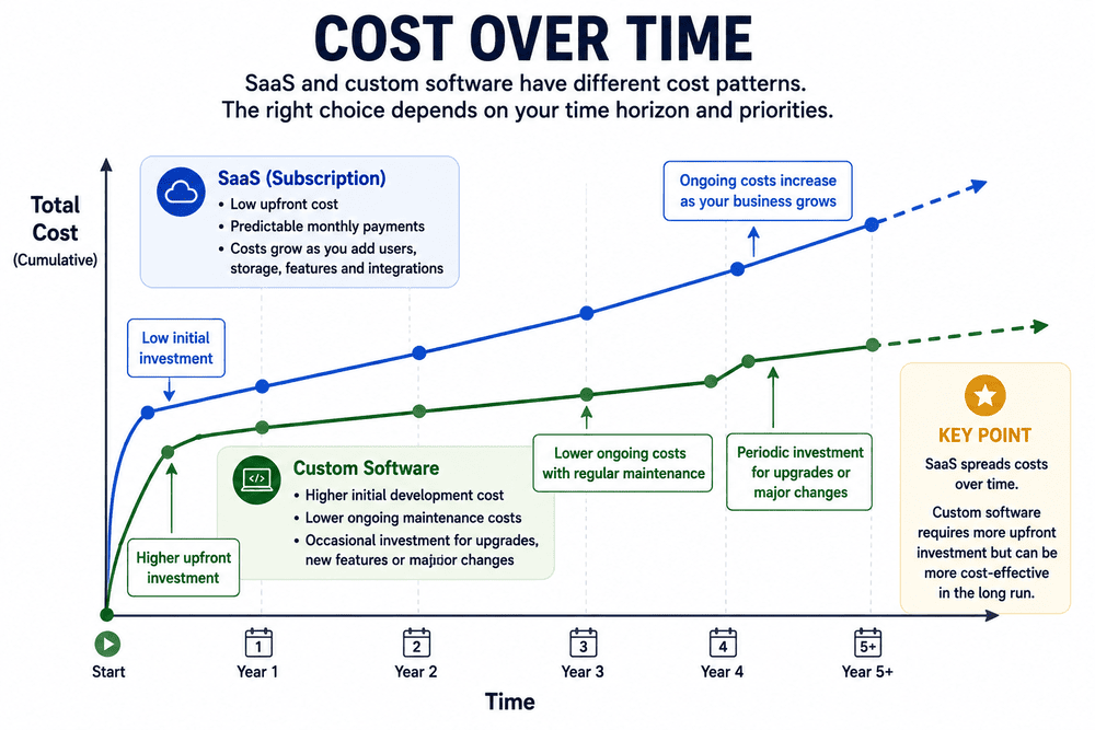 Long-term cost patterns of SaaS and custom software