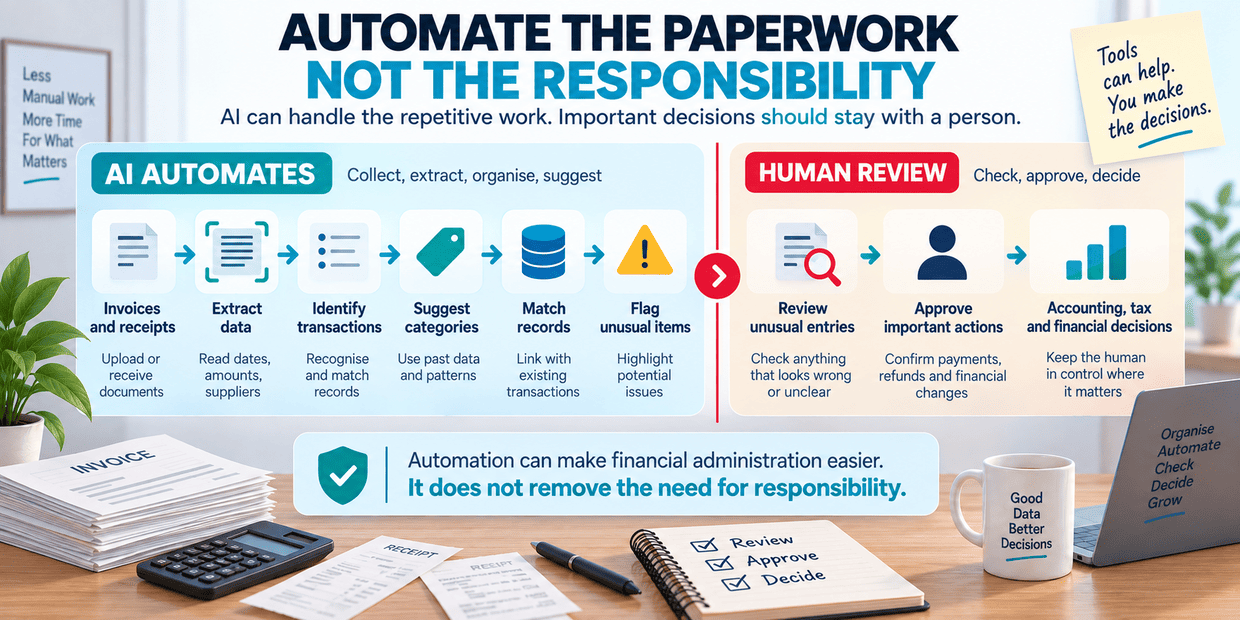 Financial administration workflow showing AI automating document extraction and organisation while important decisions remain under human review.