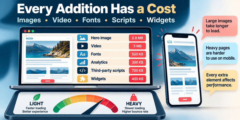 Illustration of a website becoming heavier as large images, video, fonts, scripts, analytics and third-party widgets are added.