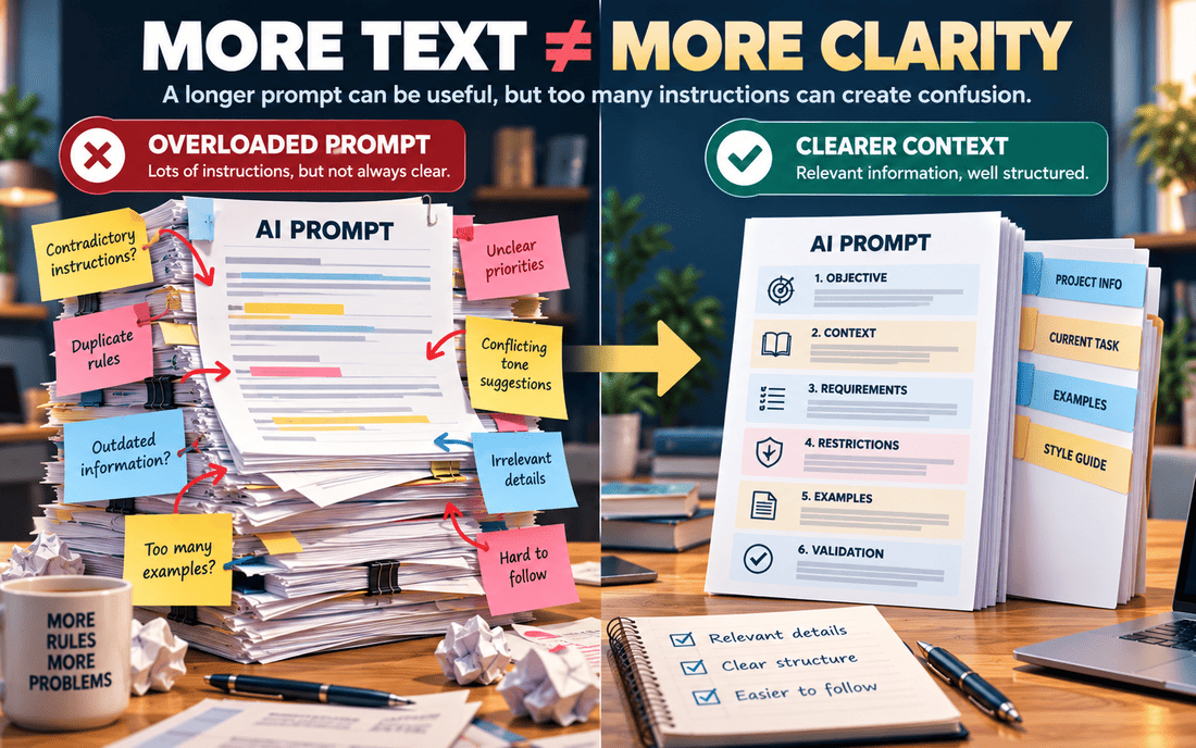 Comparison of an overloaded AI prompt with conflicting instructions and an organised set of clear, relevant project documents.