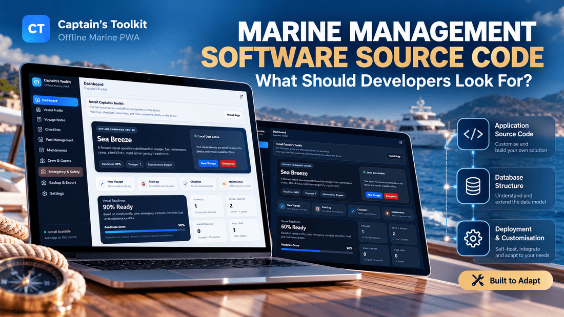 Marine management software source code visual showing a vessel operations dashboard and underlying application modules.