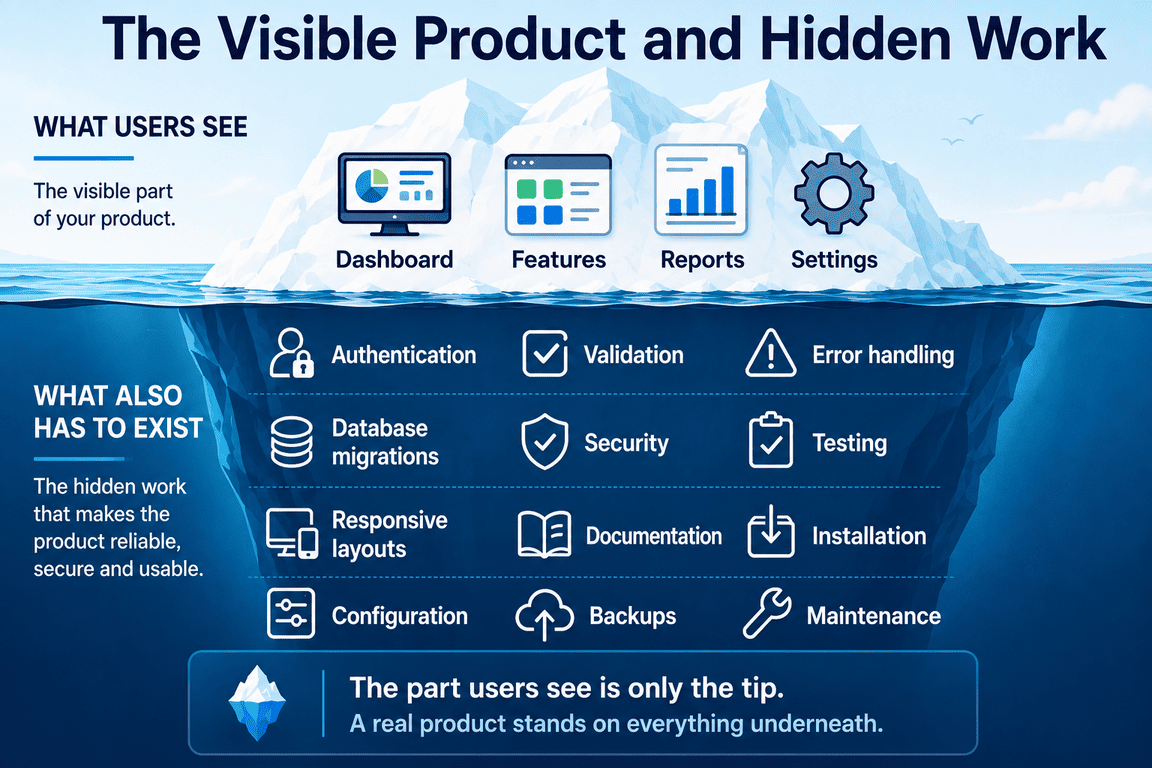 Iceberg showing visible software features and hidden development work.