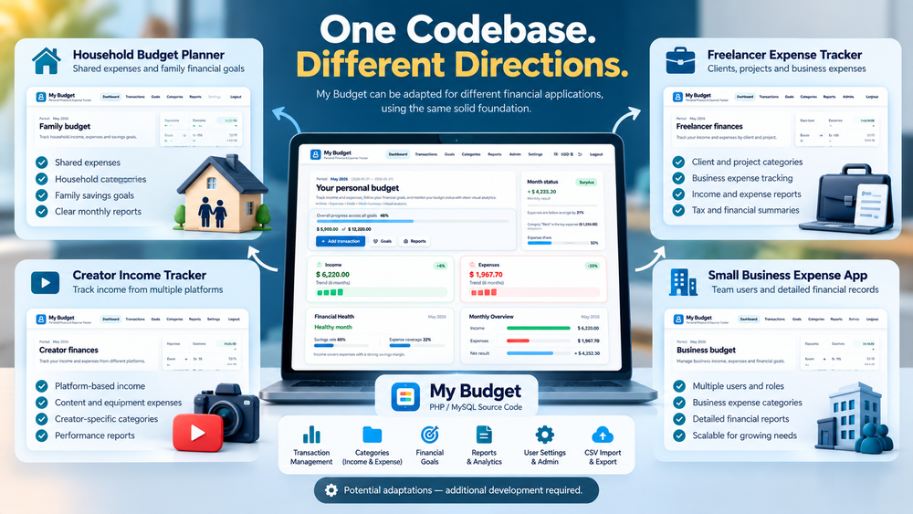 My Budget PHP/MySQL source-code foundation branching towards potential household, freelancer, creator and small-business financial applications.
