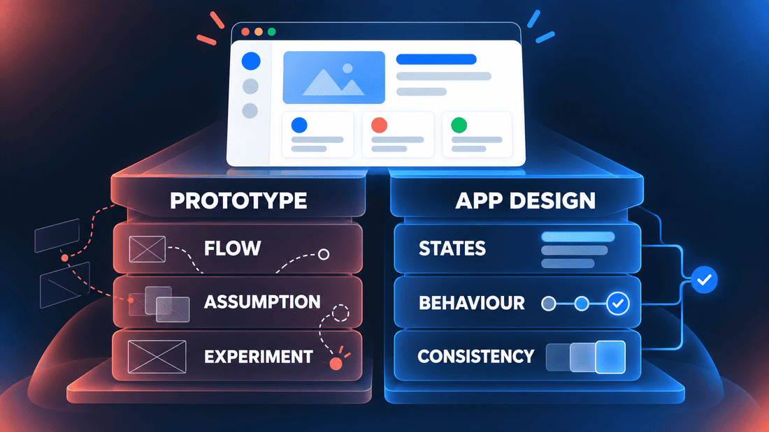 One app interface rests on prototype foundations of flow, assumptions and experiments, and app design foundations of states, behaviour and consistency.