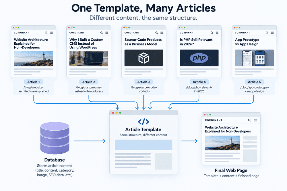 Diagram showing one shared article template connected to multiple database records, producing different article pages across the website.