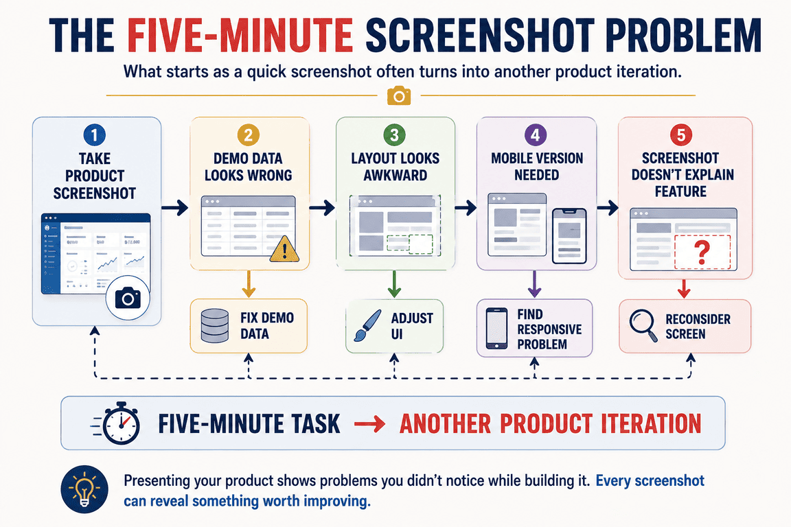 Workflow showing how taking a product screenshot can reveal more development work.