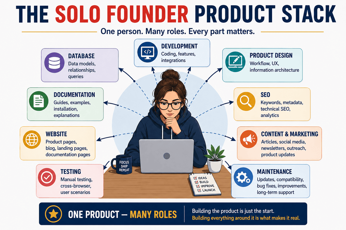Solo founder surrounded by the different roles involved in building a digital product.