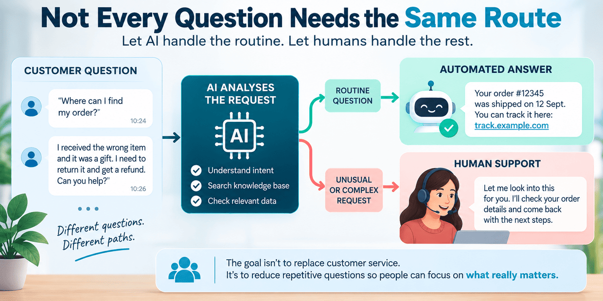 AI customer support workflow routing routine questions to an automated answer and unusual requests to a human.