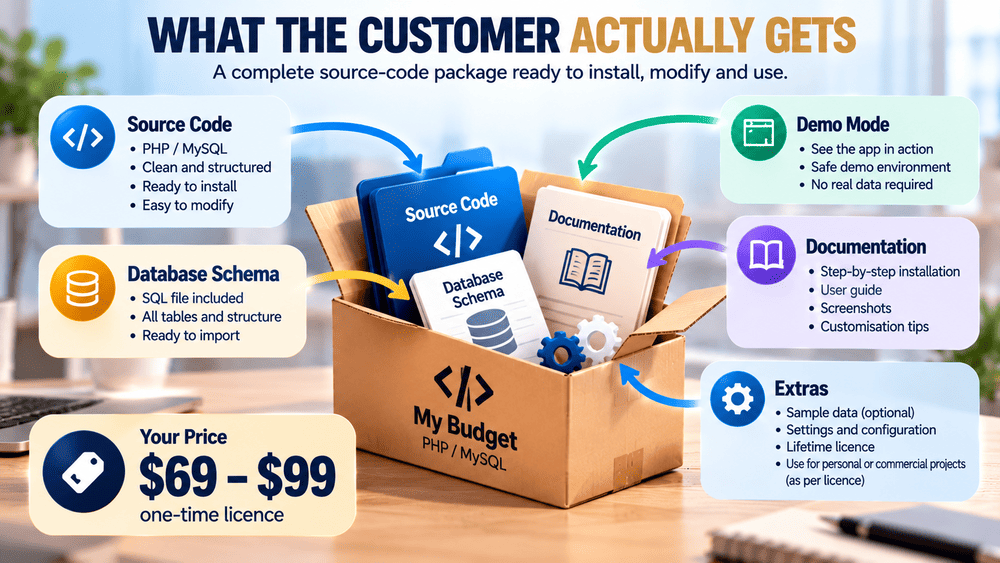 Comparison of what buyers receive with a budgeting SaaS subscription versus a self-hosted PHP source-code licence.