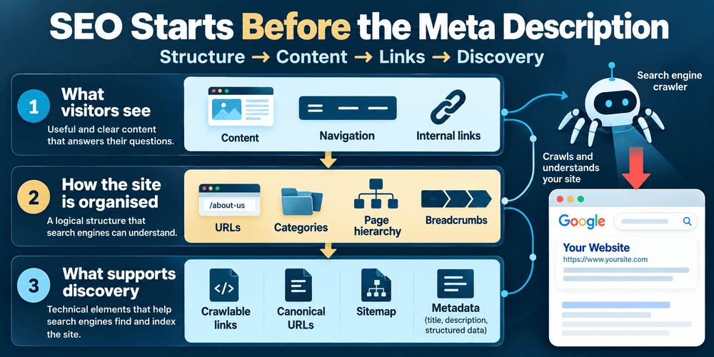 Layered website SEO diagram showing content, internal links, URLs, hierarchy, canonical URLs, sitemap and metadata.