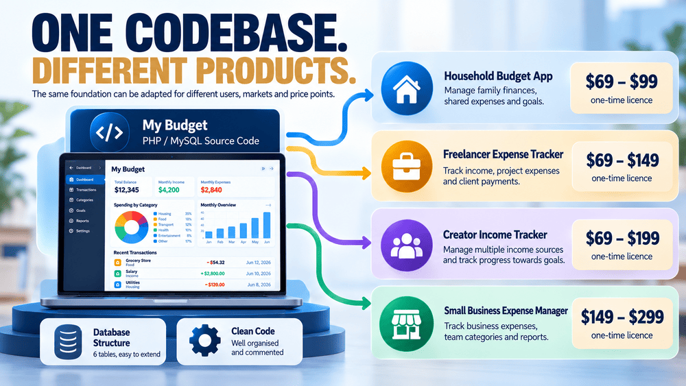 My Budget PHP source-code foundation branching into potential freelancer, household, creator and small-business financial applications.