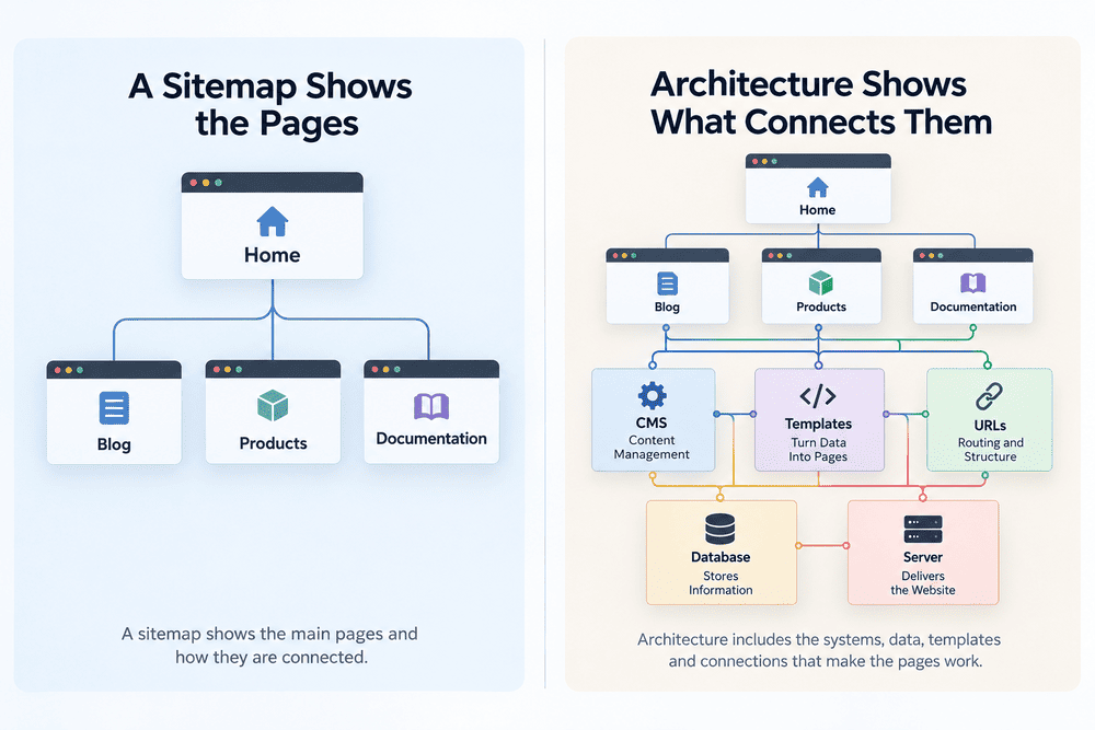 Infographic comparing a website sitemap with the architecture behind it, including pages, templates, database, CMS, URLs and server connections.