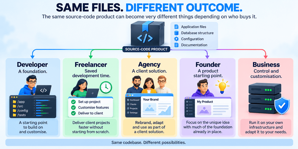 Illustration showing the same source-code package becoming different outcomes for a developer, freelancer, agency, founder and business.