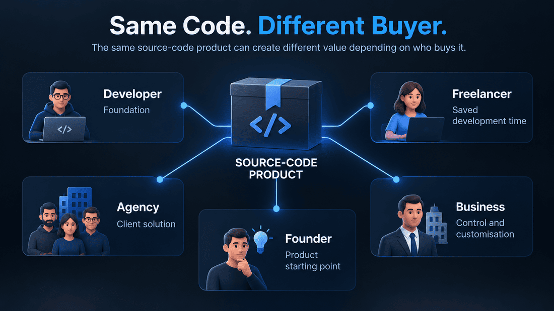 A source-code product branching to developers, freelancers, agencies, founders and businesses, each buying the same code for a different purpose.