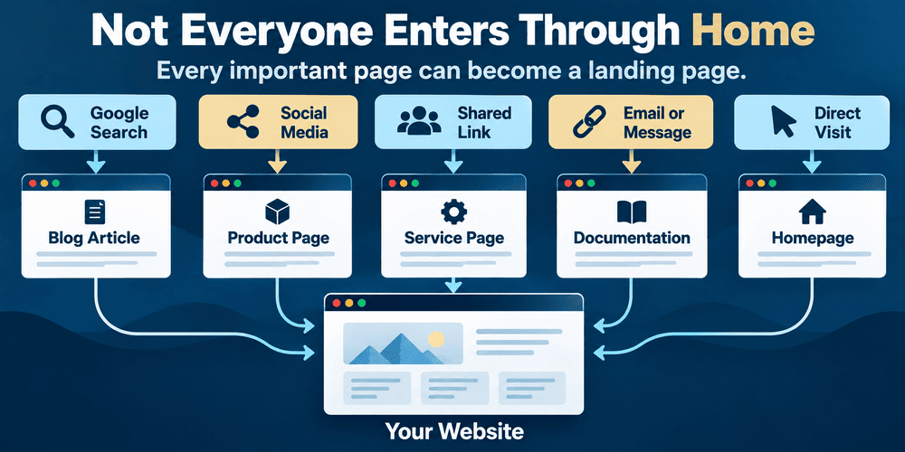 Diagram showing visitors entering a website through the homepage, blog articles, product pages, service pages and documentation.