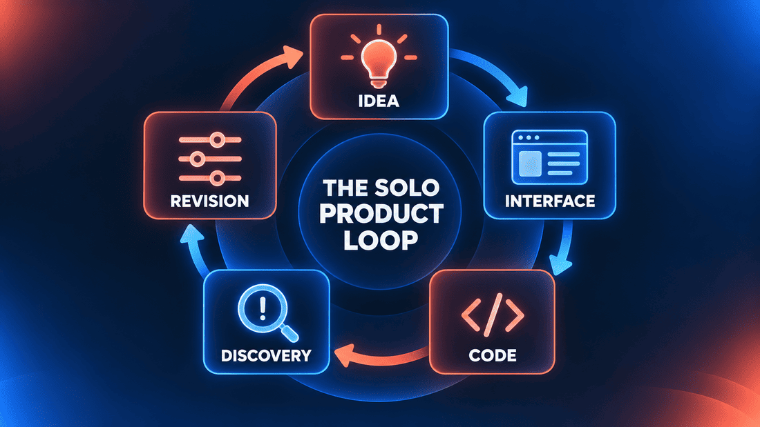 Circular solo product development loop moving from idea to interface, code, discovery, revision and back to the idea.