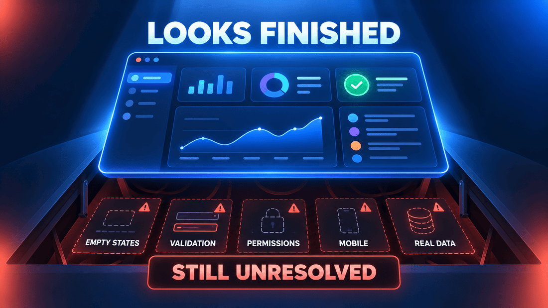 A polished app dashboard hides unresolved empty states, validation, permissions, mobile behaviour and real-data requirements.