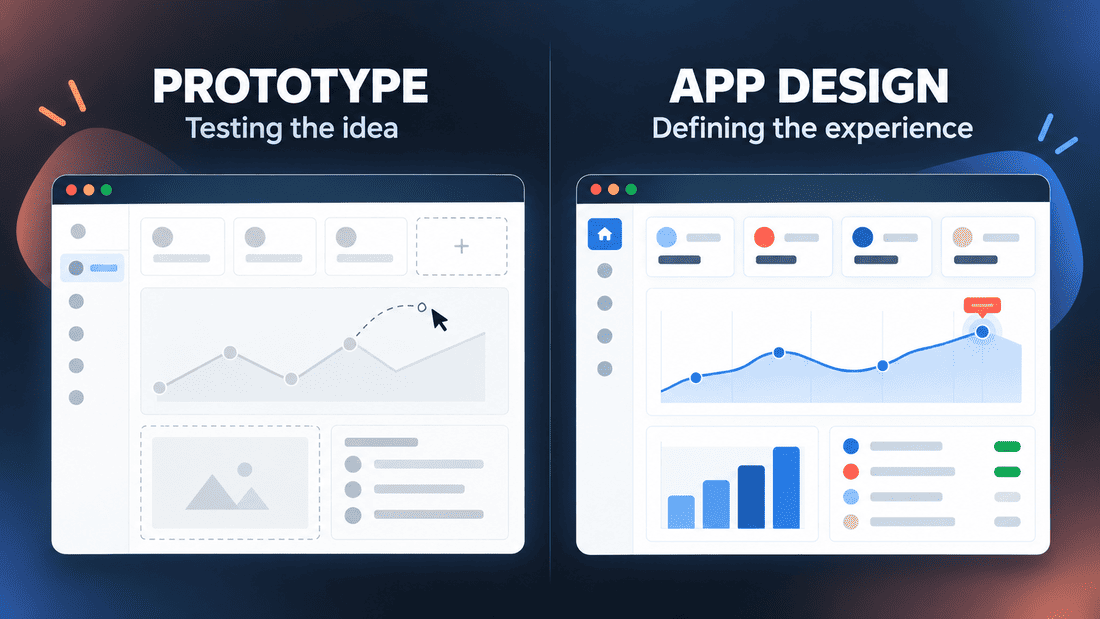 Side-by-side app dashboards compare a prototype that tests an idea with app design that defines the experience.