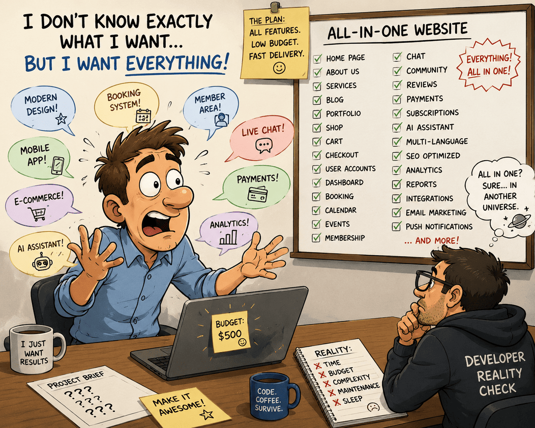 Cartoon illustrating how a simple website project gradually becomes a complex digital platform.