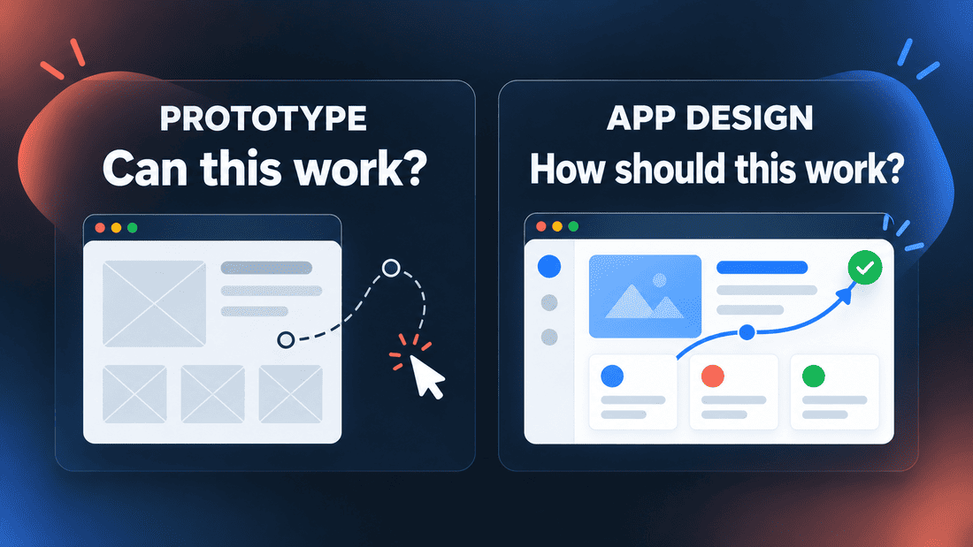 A prototype asks “Can this work?” while app design asks “How should this work?” beside exploratory and completed interfaces.