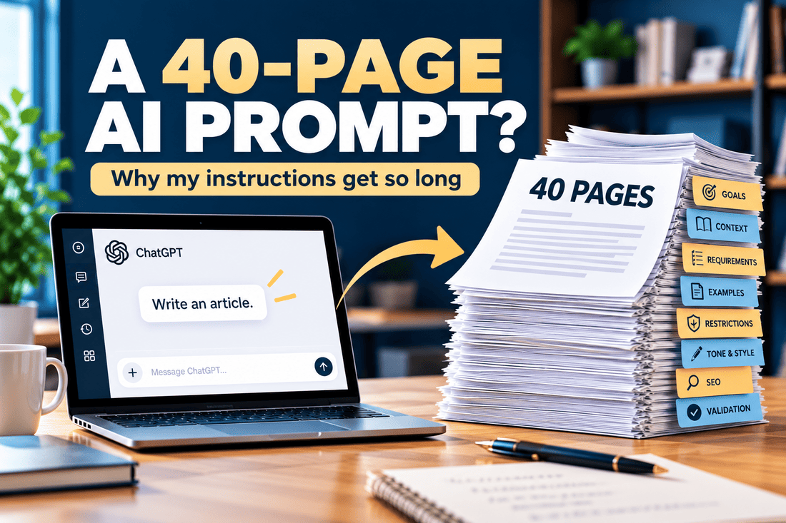 Illustration comparing a short AI prompt with a 40-page instruction document for content creation and coding.