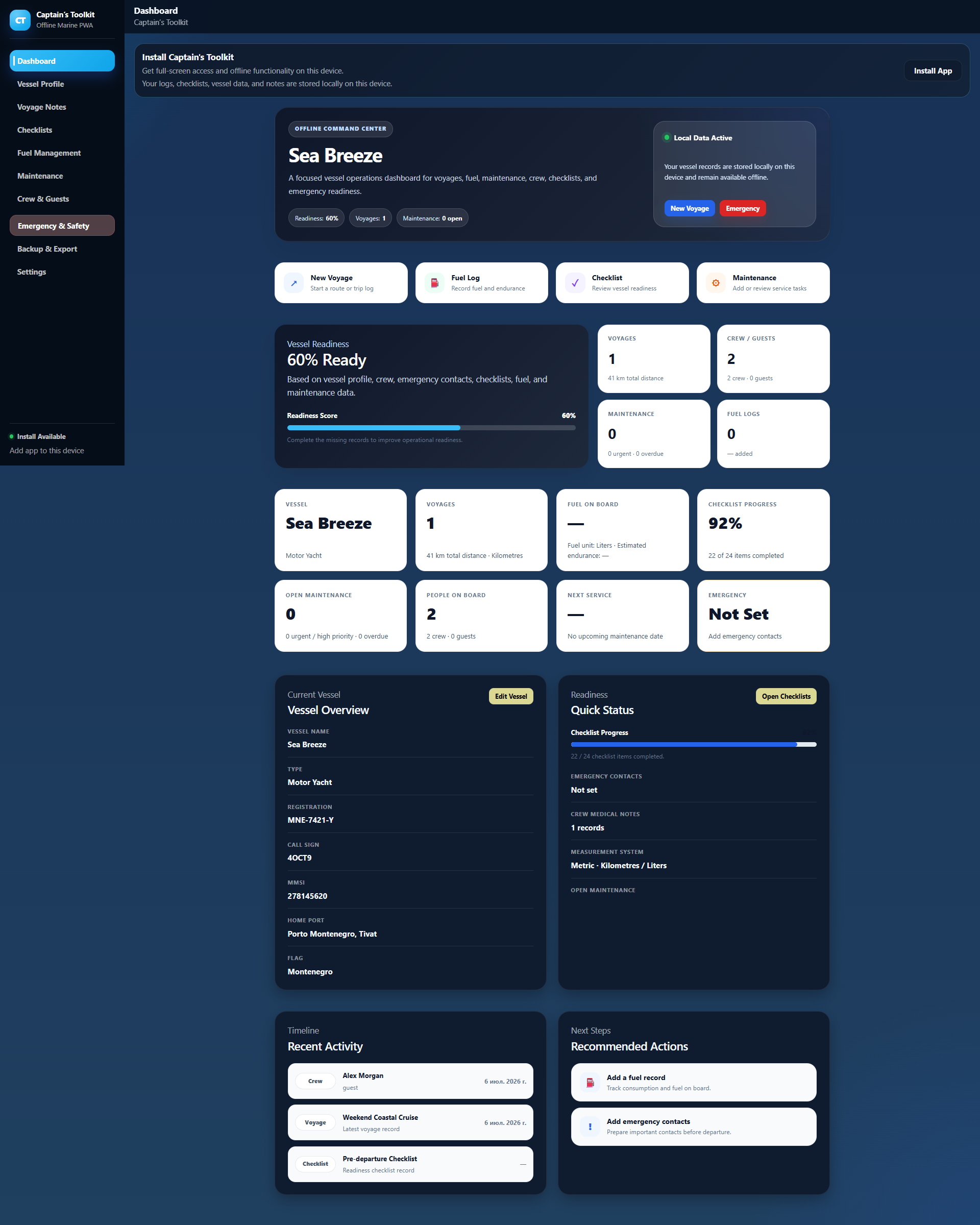 A central dashboard for vessel activity